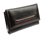 Portfel Damski PolskaGalanteria Z Wstawką 15 cm Suwak Skóra Naturalna CZARNY Z CZERWONĄ NITKĄ KP D1411-WST RFID