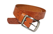 Pasek Damski Skórzany CEZ-MAR (PL) Skóra Naturalna Licowa Ekstra 40 mm ''TLOCZENIE WZÓR KWIATOWY'' KARMEL