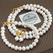 Prawdziwe Piękne Perły Komplet Naszyjnik Bransoletka Kolczyki Certyfikat Złote Srebro 703673