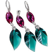 Kryształy Komplet Kolczyki Wisiorek Emerald Fuchsia Srebro 703432