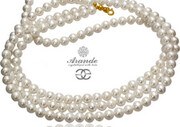 Perły Białe Potrójny Piękny Naszyjnik Złote Srebro 700439