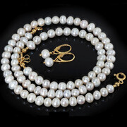 Prawdziwe Piękne Perły Komplet Naszyjnik Bransoletka Kolczyki Certyfikat Złote Srebro 703433