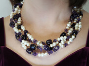 Perły Ametyst Przepiękny Naszyjnik Złote Srebro 703395