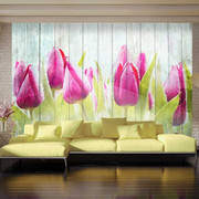 Fototapeta - Tulipany na białym drewnie Artgeist