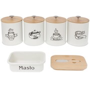 Komplet 5 pojemników kawa herbata cukier sól + maselniczka 15x11cm BRUNBESTE BB-2689 (napisy PL)