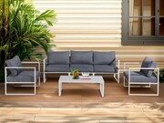Komplet mebli ogrodowych (duża 3os. sofa, 2 x fotel + stolik) MOSTRARE białe aluminium, szare poduchy