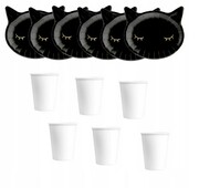 ZESTAW urodziny białe kubki czarne talerzyki kot