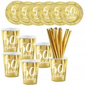 Zestaw kubki talerzyki słomki złote 50 urodziny