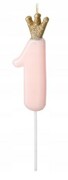 Świeczka z koroną różowa cyfra 1 jeden na tort roczek pierwsze urodziny