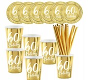 Zestaw kubki talerzyki słomki złote 60 urodziny