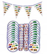 Zestaw talerzyki kubki girlanda pojazdy auta boy