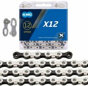 Łańcuch KMC X12 126 ogniw srebrno czarny, spinka, BOX nazwa