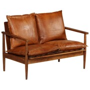 vidaXL 2-osobowa sofa z prawdziwej skóry i drewna akacjowego, brązowa vidaXL 246482