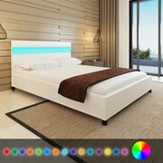 vidaXL Łóżko ze sztucznej skóry z taśmą LED, 140 x 200 cm, białe vidaXL 242045