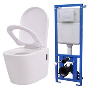 vidaXL Podwieszana toaleta ceramiczna ze spłuczką, biała vidaXL 274669