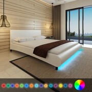 vidaXL Łóżko ze sztucznej skóry z taśmą LED, 160 x 200 cm, białe vidaXL 242054