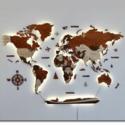 Drewniana Mapa Świata 3D podświetlana LED