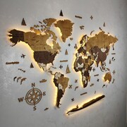 Drewniana Mapa Świata 3D podświetlana LED