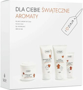 ZIAJA Zestaw Świąteczne Aromaty Peeling cukrowy Piernik Imbir Cynamon, 200 ml + Rozświetlająco-nawilżający mus do ciała, 160ml + Zimowy żel pod prysznic piernik, imbir, cynamon, 160ml + Zimowy krem do rąk piernik, imbir, cynamon, 50ml