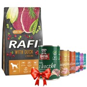 Rafi Adult z kaczką 10kg + Fafik karma mokra mix smaków 400g x 6 + prezent RAFI