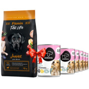 Fitmin Dog for Life Junior Large Breeds 12kg + Koema Junior pakiet próbny (mix 3 smaków) 400g x 6 + prezent FITMIN