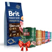 Brit Premium By Nature Light 15kg + Fafik karma mokra mix smaków 6x400g + prezent BRIT