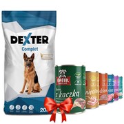 Dexter Complete Large Breed 20kg + Fafik karma mokra mix smaków 6x400g + prezent DEXTER