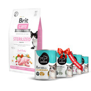 Brit Care Cat Grain-free Sterilized Sensitive 2kg + Koema mus dla kota Pakiet próbny 400g x 4 + prezent BRIT
