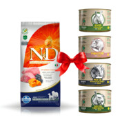 Farmina N&D GF Adult Medium & Maxi Dog Pumpkin Lamb & Blueberry 12kg + Benji's Planet Zestaw Degustacyjny 410g x 4 + prezent FARMINA