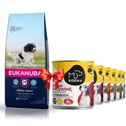 Eukanuba Active Adult Medium Breed 15kg + Koema 90% mięsa mix 6 smaków 800g x 6 + prezent EUKANUBA