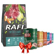 Rafi Junior z jagnięciną 10kg + Fafik karma mokra mix smaków 400g x 6 + prezent RAFI