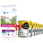 Eukanuba Daily Care Sensitive Skin Adult 12kg + Koema 90% mięsa 800g x 6 królik + prezent EUKANUBA