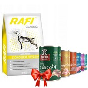 Rafi Classic z drobiem i ryżem 10kg + Fafik karma mokra mix smaków 400g x 6 + prezent RAFI
