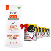 Brit Care Hypoallergenic Adult Medium Lamb 12kg + Koema mix 3 smaków 400g x 6 + prezent BRIT