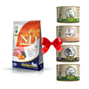 Farmina N&D GF Adult Mini Dog Pumpkin Lamb & Blueberry 2,5kg + Benji's Planet Zestaw Degustacyjny 410g x 4 + prezent FARMINA
