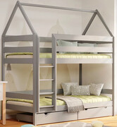 Piętrowe szare drewniane łóżko dziecięce domek z 2 szufladami - Zuzu 4X 180x80 cm Elior