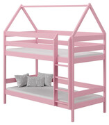 Różowe piętrowe drewniane łóżko dziecięce domek - Zuzu 3X 190x90 cm Elior
