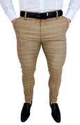 Beżowe eleganckie spodnie męskie slim fit w białą kratę 2039