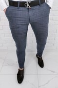 Granatowo szare eleganckie spodnie męskie slim fit w kratę Stylovy 1570