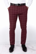 Bordowe spodnie męskie w kratę slim fit 3018 150