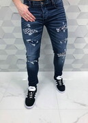 Klasyczne ciemne męskie jeansy z przetarciami i wzorami