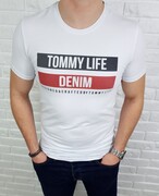 Biały męski T-shirt z napisami Tommy life denim