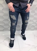 Modne męskie spodnie jeansowe denim z przetarciami 4645