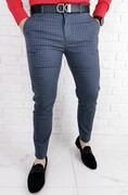 Stalowe eleganckie męskie spodnie slim w czarną drobną kratę 1538