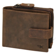 Cienki męski portfel skórzany na zatrzask i kieszonką na zamek brąz Leo