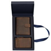 Zestaw prezentowy męski portfel skórzany i etui brąz LEO