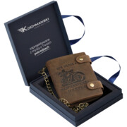 Męski portfel motocyklowy skóra naturalna brąz pionowy łańcuch Leo