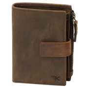 Cienki męski portfel skóra z zapięciem i kieszonką na zamek pionowy brąz Leo