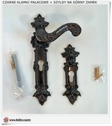 Czarne klamki ANIOŁ do drzwi z szyldem na zamek