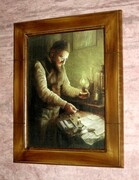 Obraz liczącego Żyda w otoczeniu liczydła i papierów wartościowych